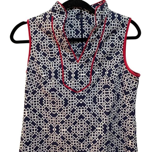 Eliza J Dress Womens 4 Blue Geometric Sleeveless Collared Shift Red Trim Knit - Picture 3 of 6